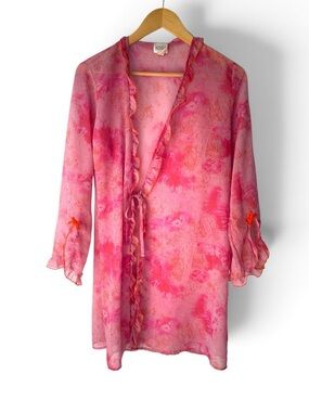 Vintage DONNA Y2K Pink Sheer Ruffle Duster Made in Canada Size M